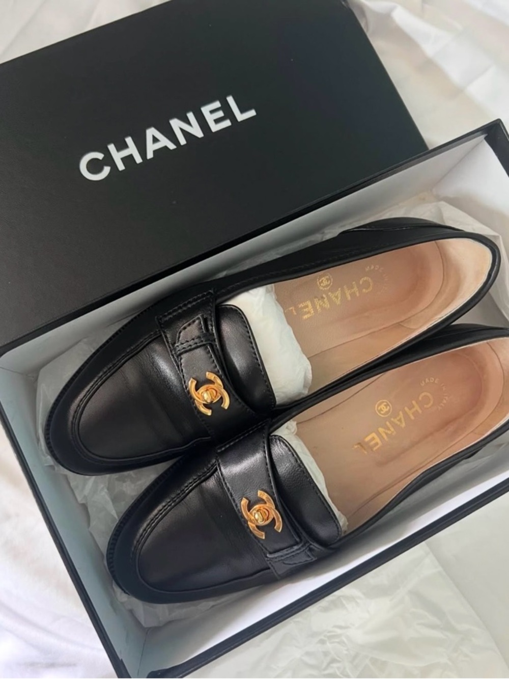 RARE Vintage 1996 CHANEL Black Leather Women's Loafers with Gold CC Accent
